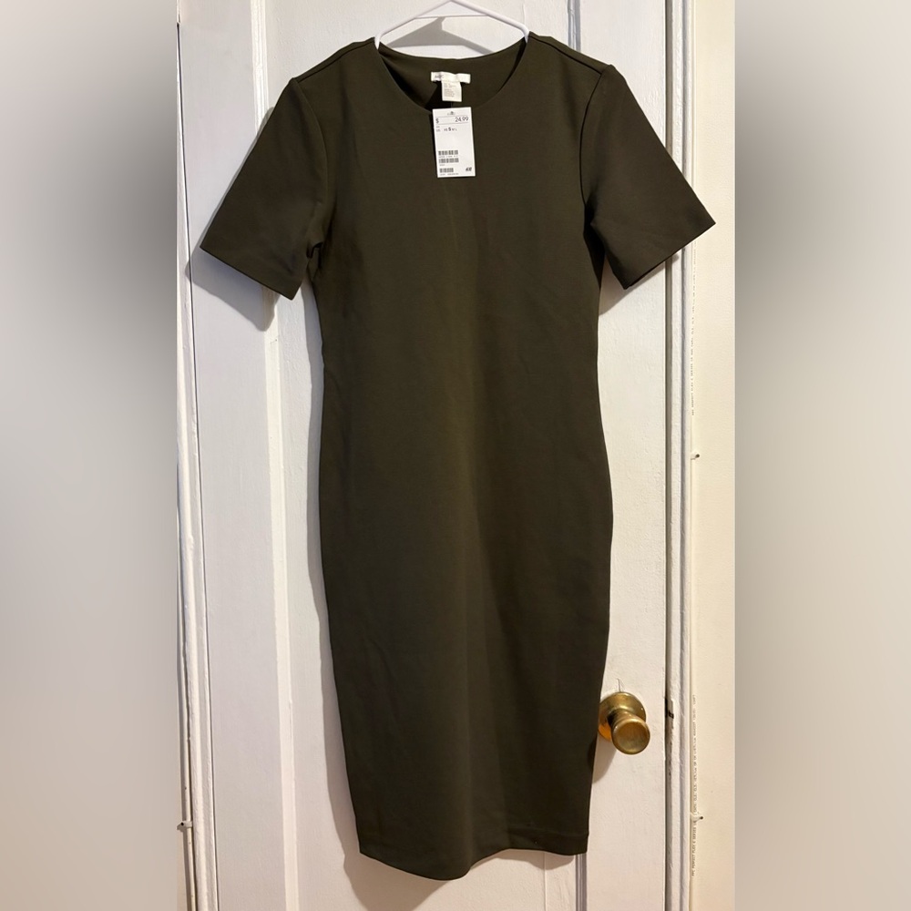 H&M Olive Green Short Sleeve Bodycon Midi Dress Size S